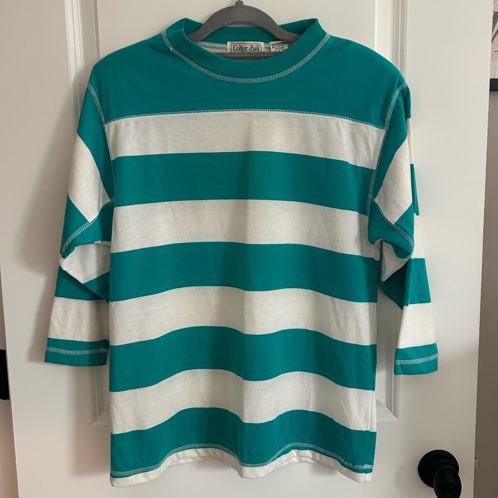 Teal and White Striped Women's Jersey Top